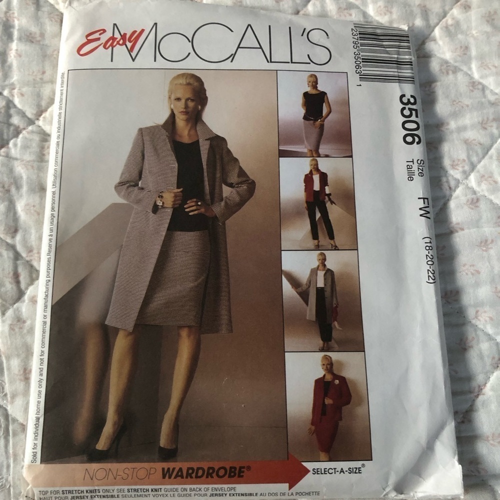 McCalls 3506 -unlined coat-jacket-top- pants and skirt sizes 18-20-22- uncut